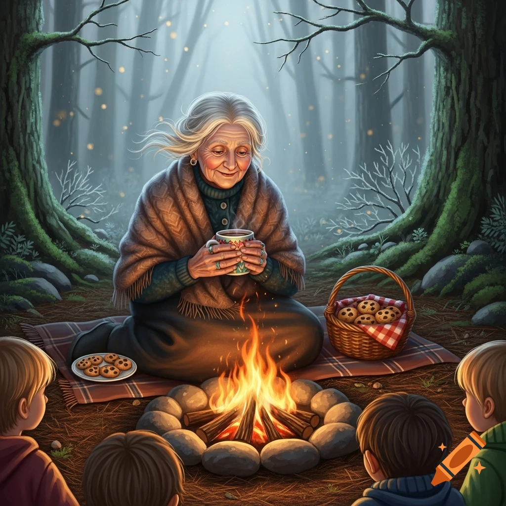 An old woman with white hair, wrapped in a brown blanket, smiles while warming her hands with a mug by a campfire. Children sit around her in a mystical forest, with cookies nearby.