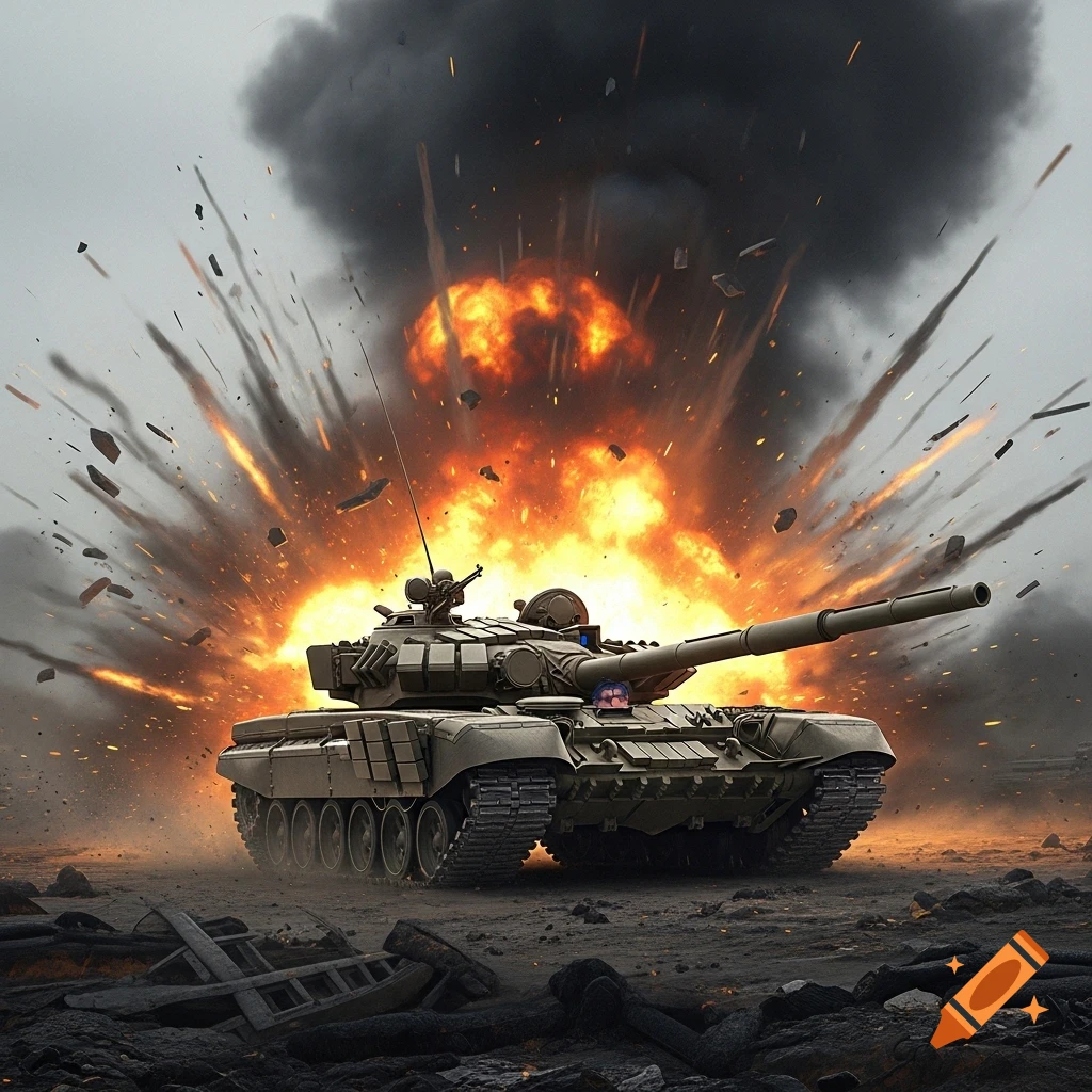 A military tank stands on debris with a massive, fiery explosion erupting behind it under a cloudy sky.
