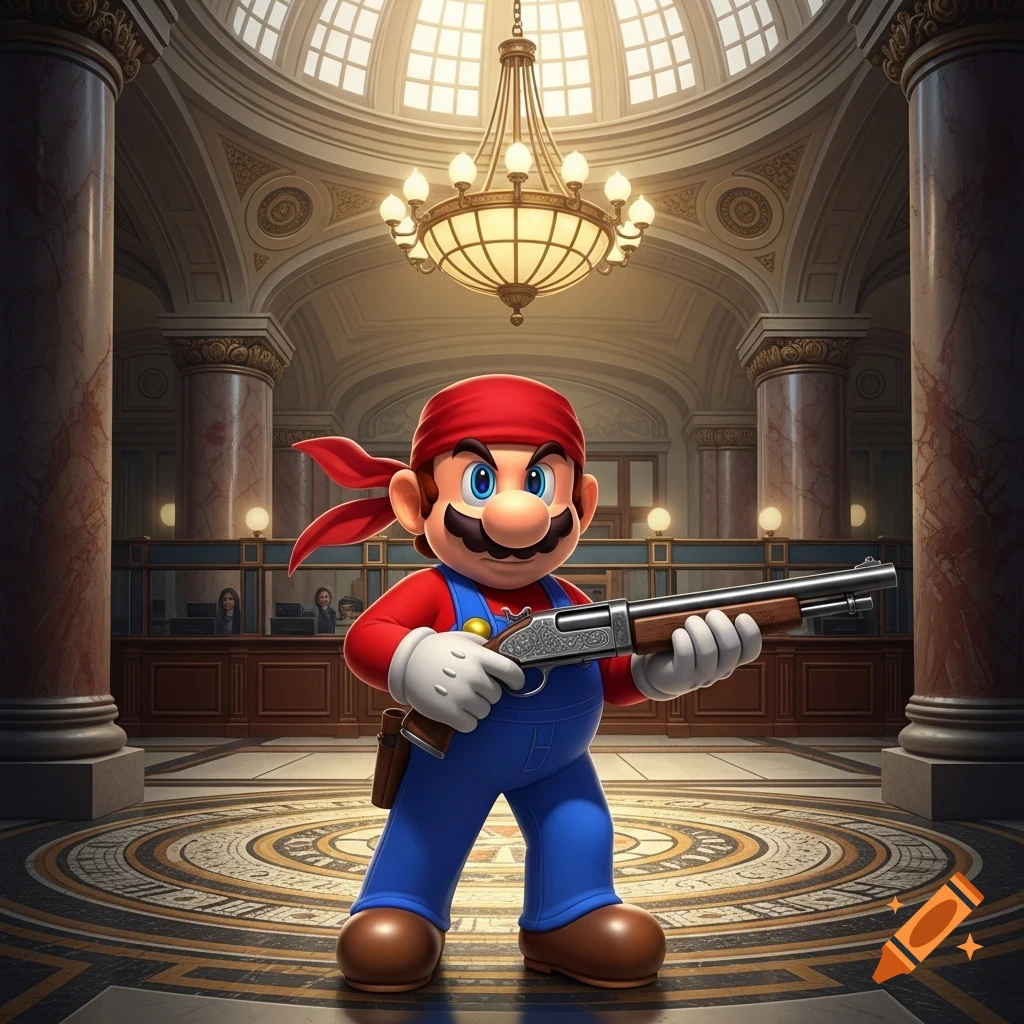 Mario in a red bandana and blue overalls holds a pump-action shotgun in a grand bank lobby with columns and a chandelier.