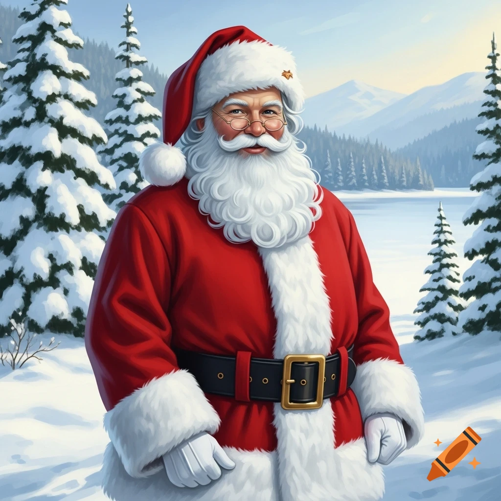 Santa Claus in a red suit and hat, standing in a snowy winter forest with pine trees and mountains in the background.