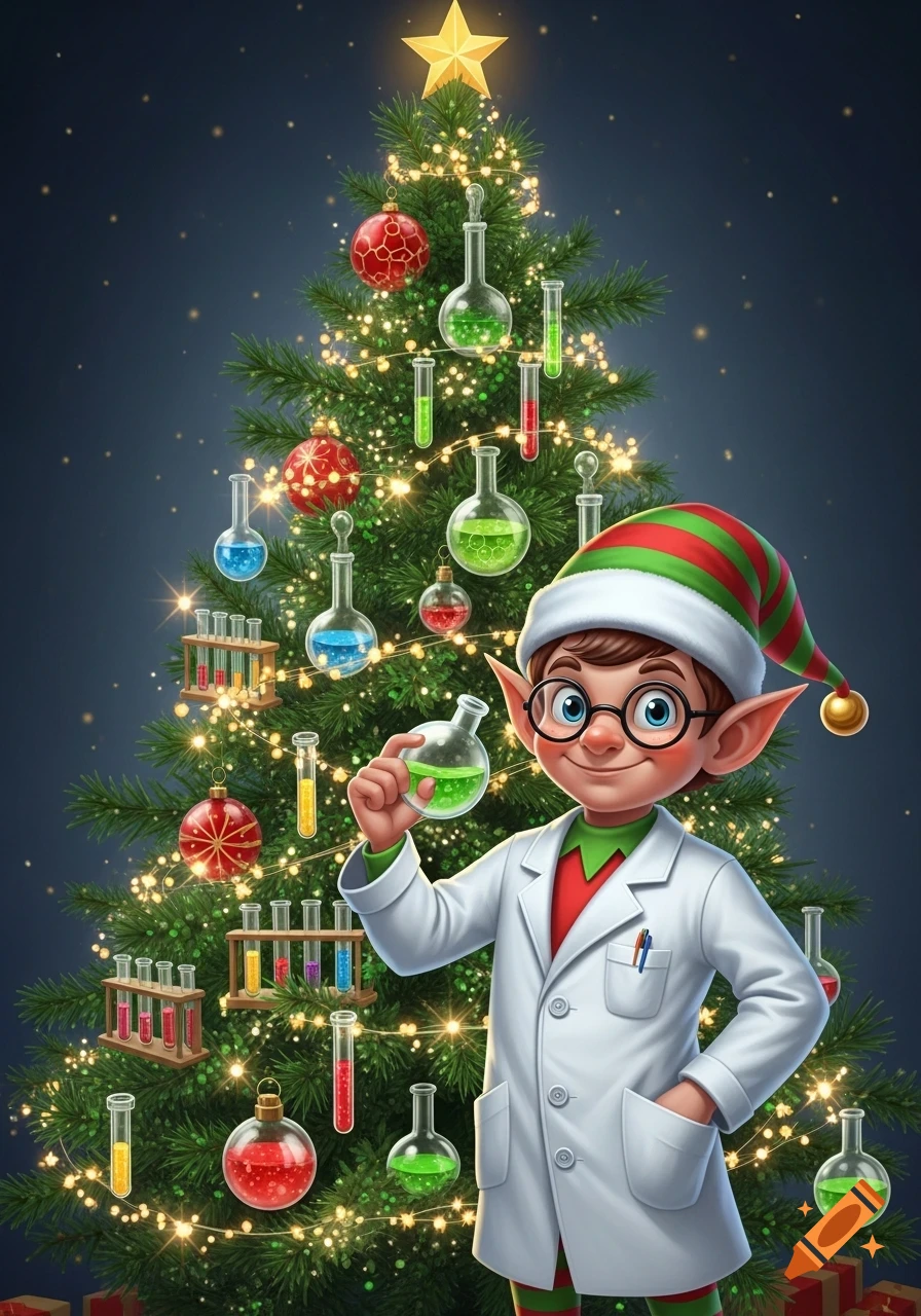 A cartoon Christmas elf in a lab coat holds a green flask, standing before a Christmas tree decorated with test tubes and lab bottles.