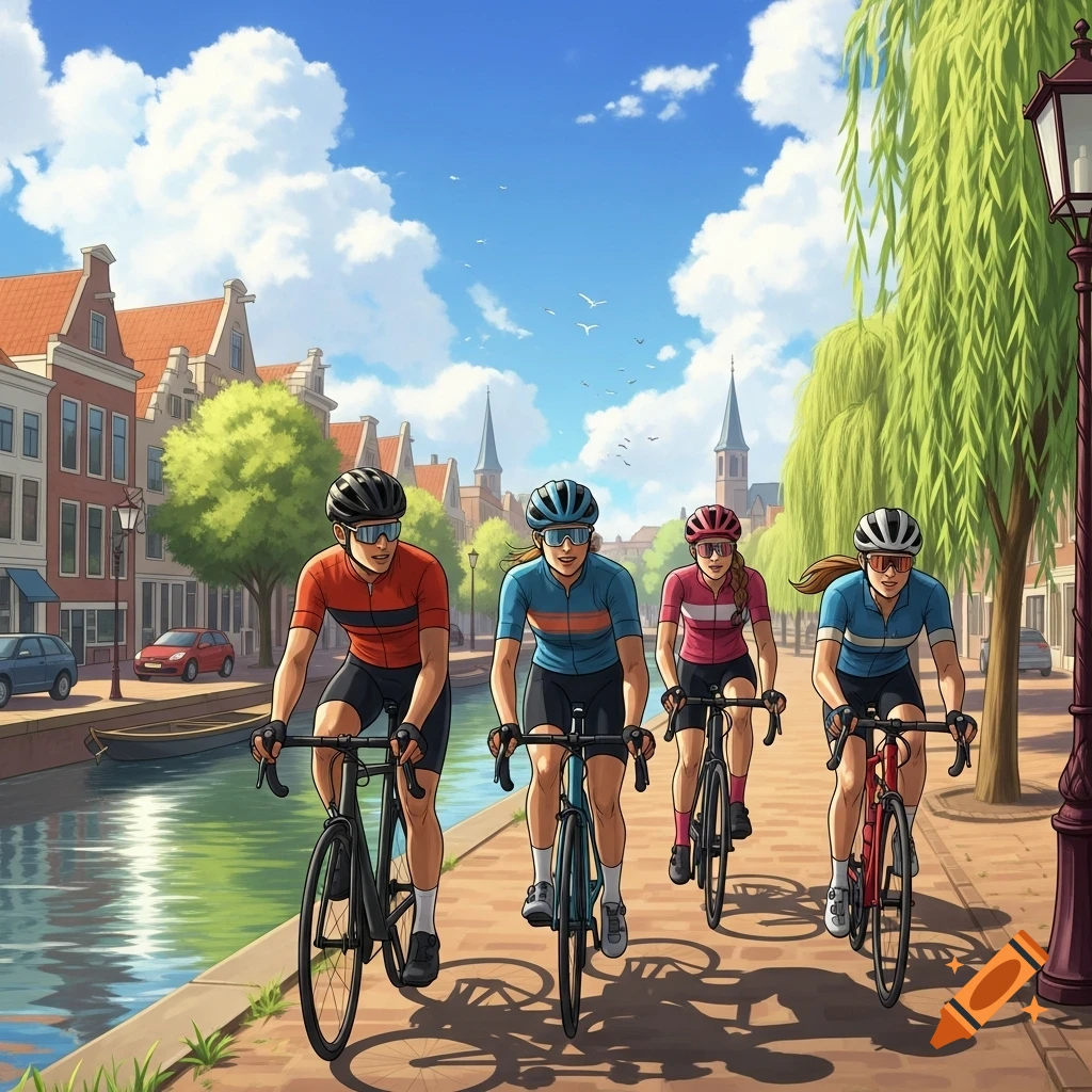 Four cyclists ride along a sunny canal in a charming European town, featuring traditional buildings and trees, in a vibrant cartoon style.
