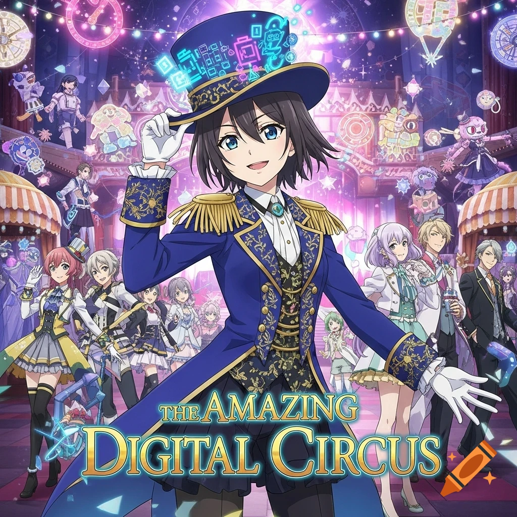 Anime illustration of a ringmaster in a blue suit at a vibrant digital circus, surrounded by other characters. Text: THE AMAZING DIGITAL CIRCUS.