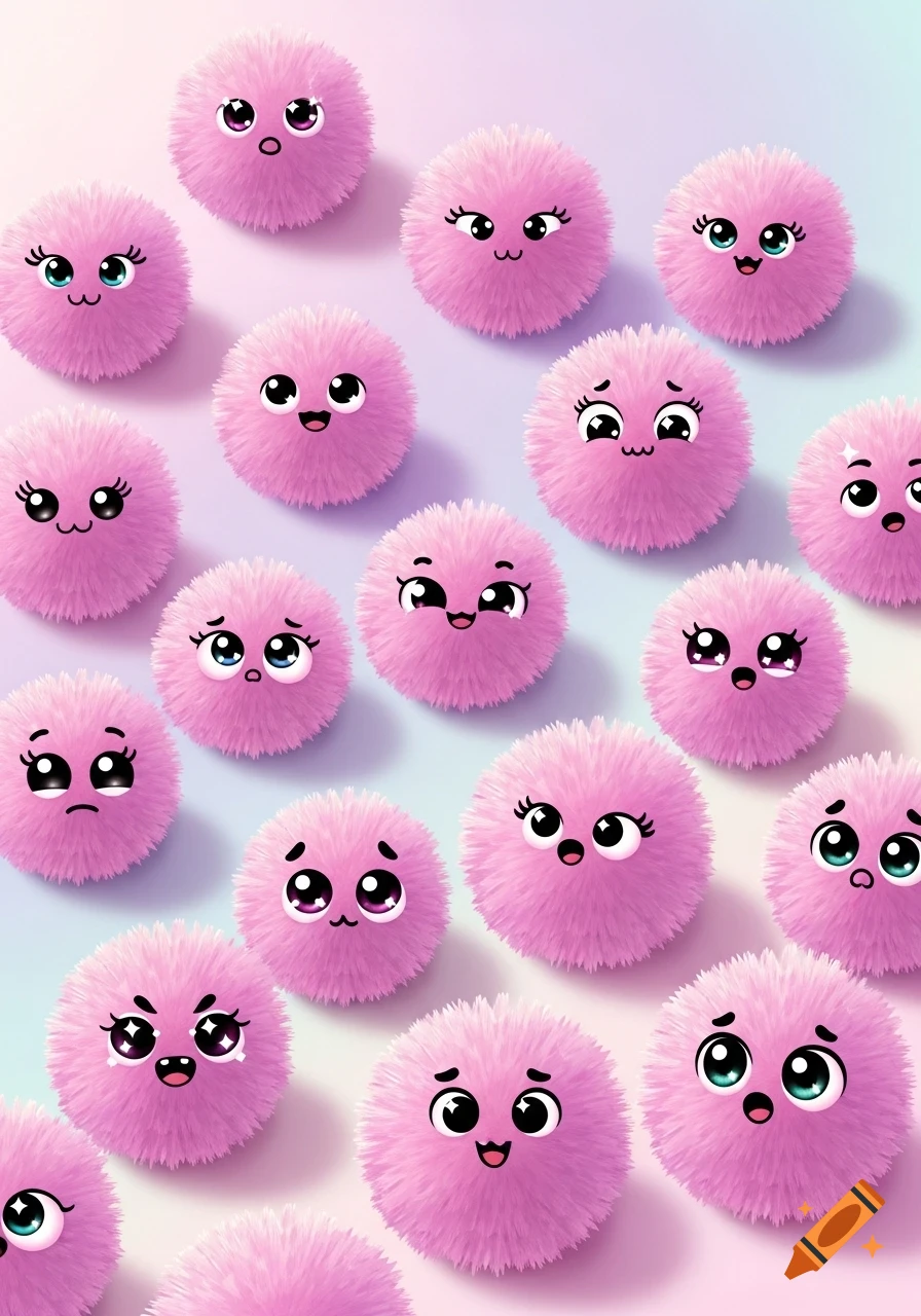 Numerous pink fuzzy pompoms with various cartoon faces are scattered across a soft gradient background.