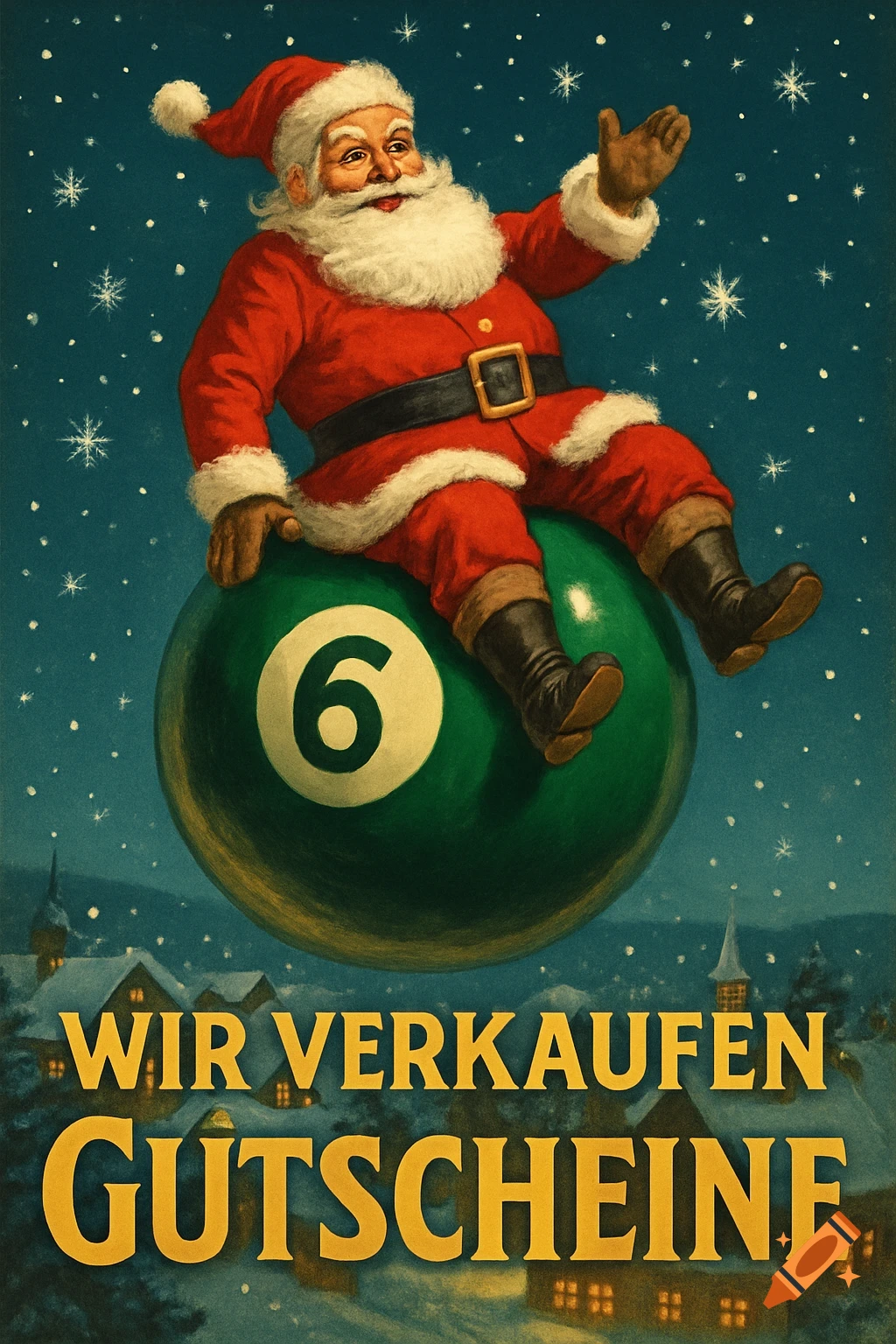 Santa Claus rides a green number 6 billiard ball over a snowy village, with falling snowflakes. Text reads 'WIR VERKAUFEN GUTSCHEINE'.