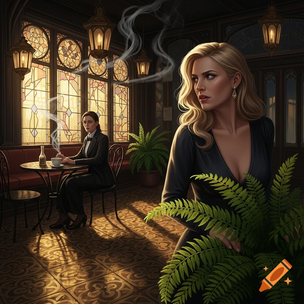 A blonde woman in a low-cut black top, partially hidden by ferns, looks over her shoulder in a dimly lit, ornate cafe while another woman in a suit sits at a table with a smoking cup.