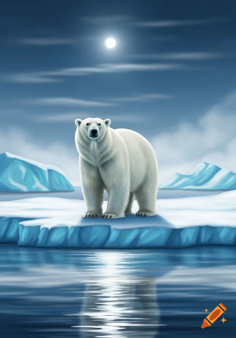 A white polar bear stands on an ice floe under a full moon, with icebergs in the background and water reflecting the light.
