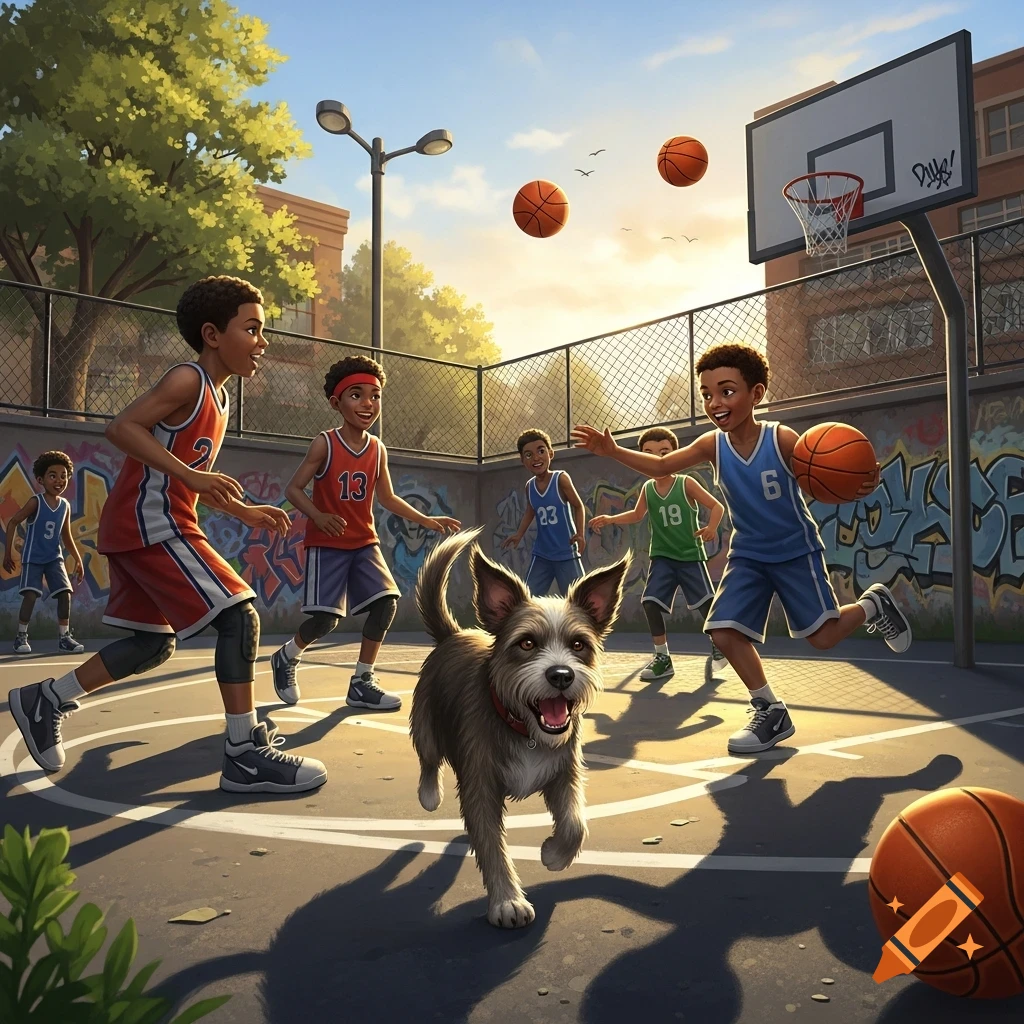 An illustration of boys playing basketball on an outdoor court with a dog running alongside them. The sun casts long shadows.