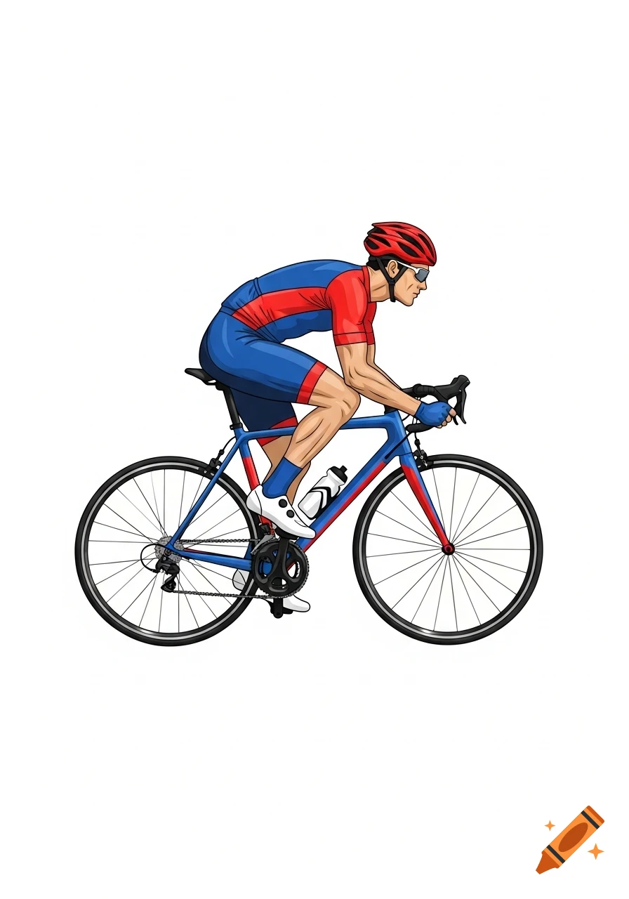 Illustration of a male cyclist in a red and blue uniform on a blue and red road bike, viewed in profile.