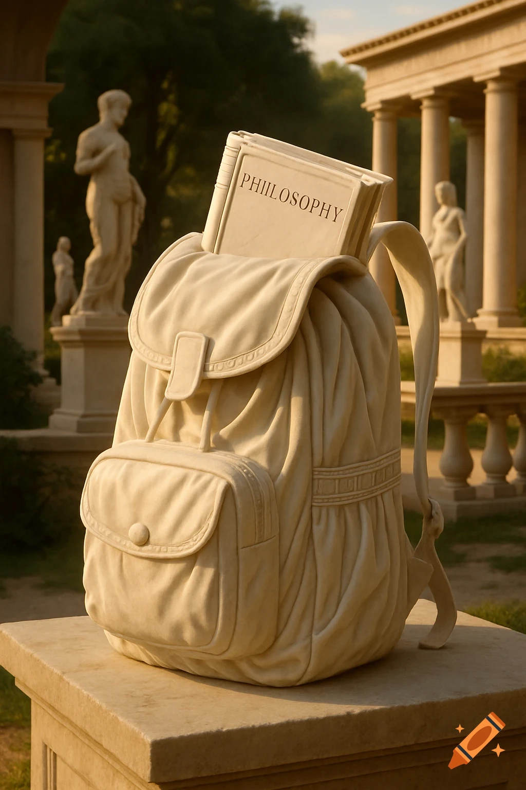A cream-colored marble statue of a backpack with a book titled 'PHILOSOPHY' sticking out of it, set in a classical garden with other statues and columns in the background.
