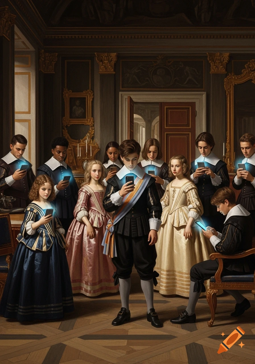A digital painting showing young people in 17th-century attire holding glowing smartphones in a grand ornate room.