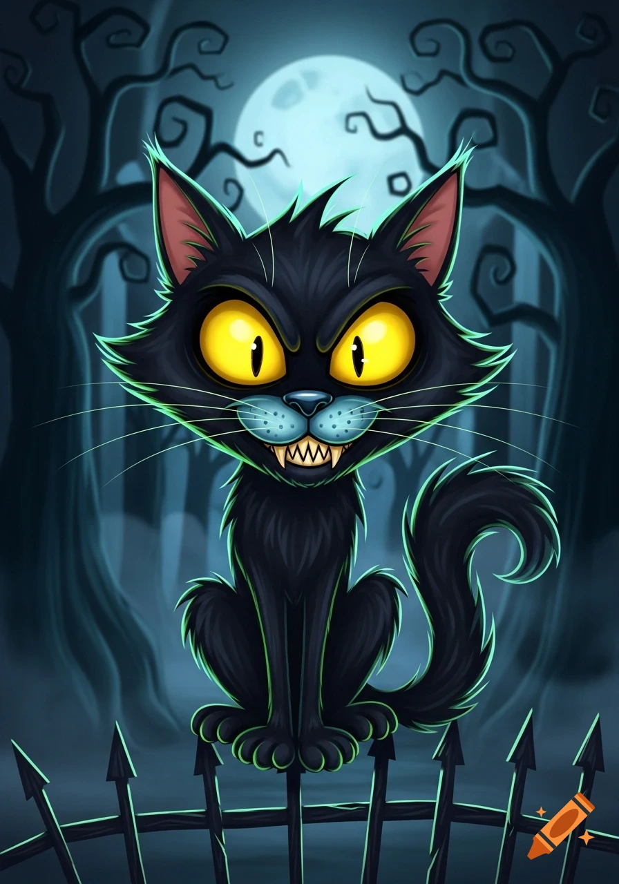 A stylized cartoon black cat with glowing yellow eyes and sharp teeth sits on a pointy fence in a spooky forest under a full moon.