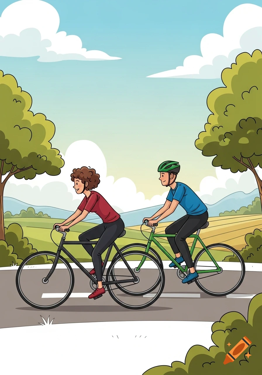 A cartoon illustration of a woman and a man happily cycling side-by-side on a road through a sunny countryside with trees and fields.