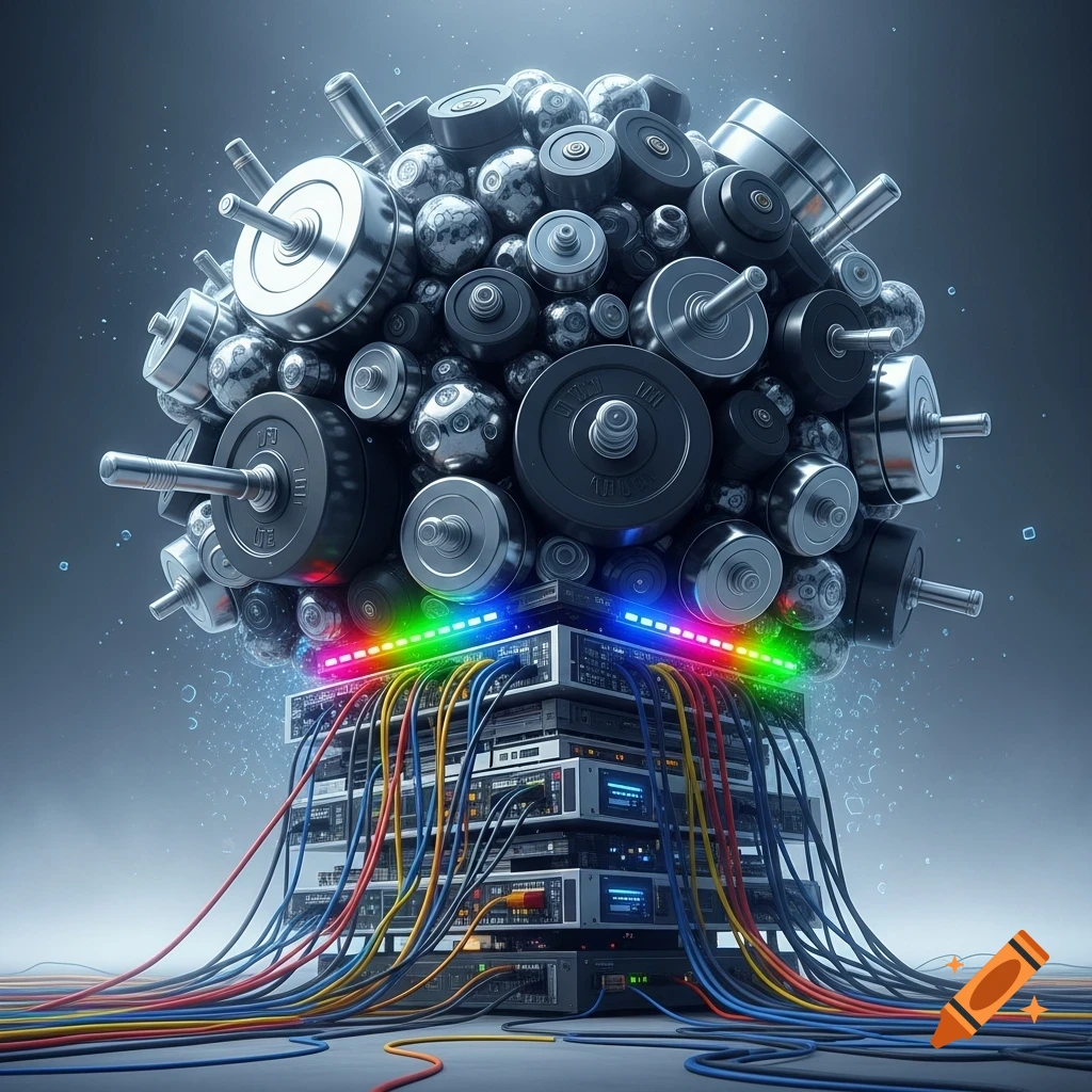 A spherical pile of metallic gym weights sits on top of stacked computer servers with colorful cables and a rainbow light strip.