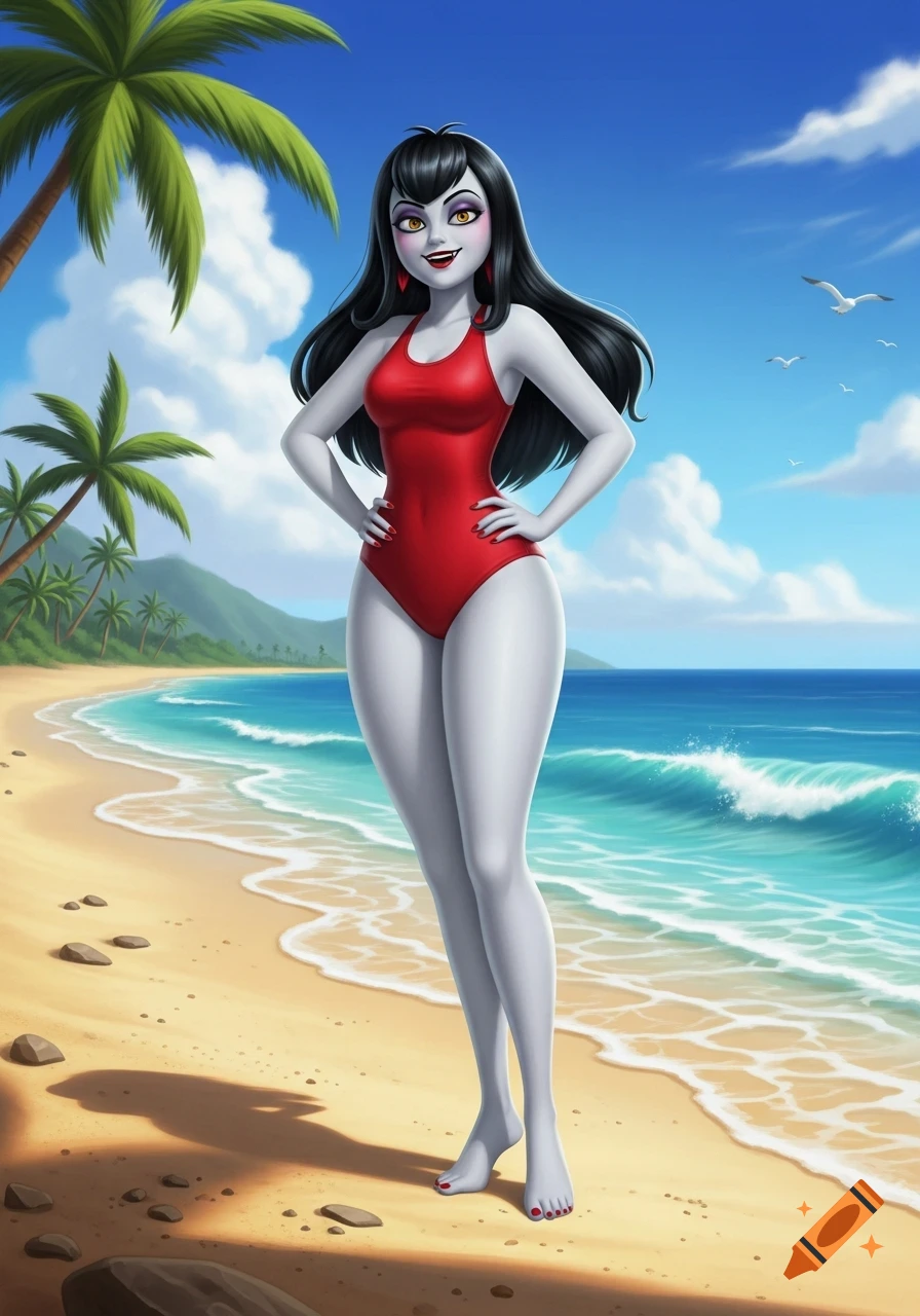 Cartoon character Mavis Dracula in a red swimsuit stands on a sunny beach with palm trees.