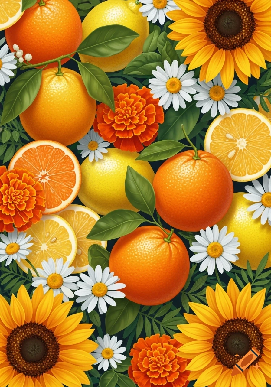 A vibrant, lush pattern of whole and sliced oranges and lemons interspersed with sunflowers, marigolds, and daisies on a dark green leafy background.