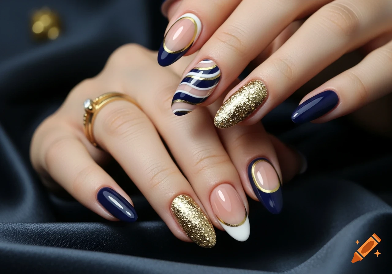 Hands with almond-shaped nails featuring dark blue, gold glitter, nude, and white polish with striped designs.