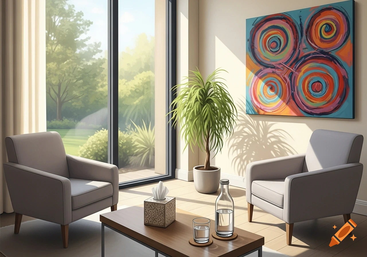 A modern counseling room features two gray armchairs, a coffee table with tissues and water, a potted plant, a large window overlooking a garden, and a colorful abstract painting on the wall.