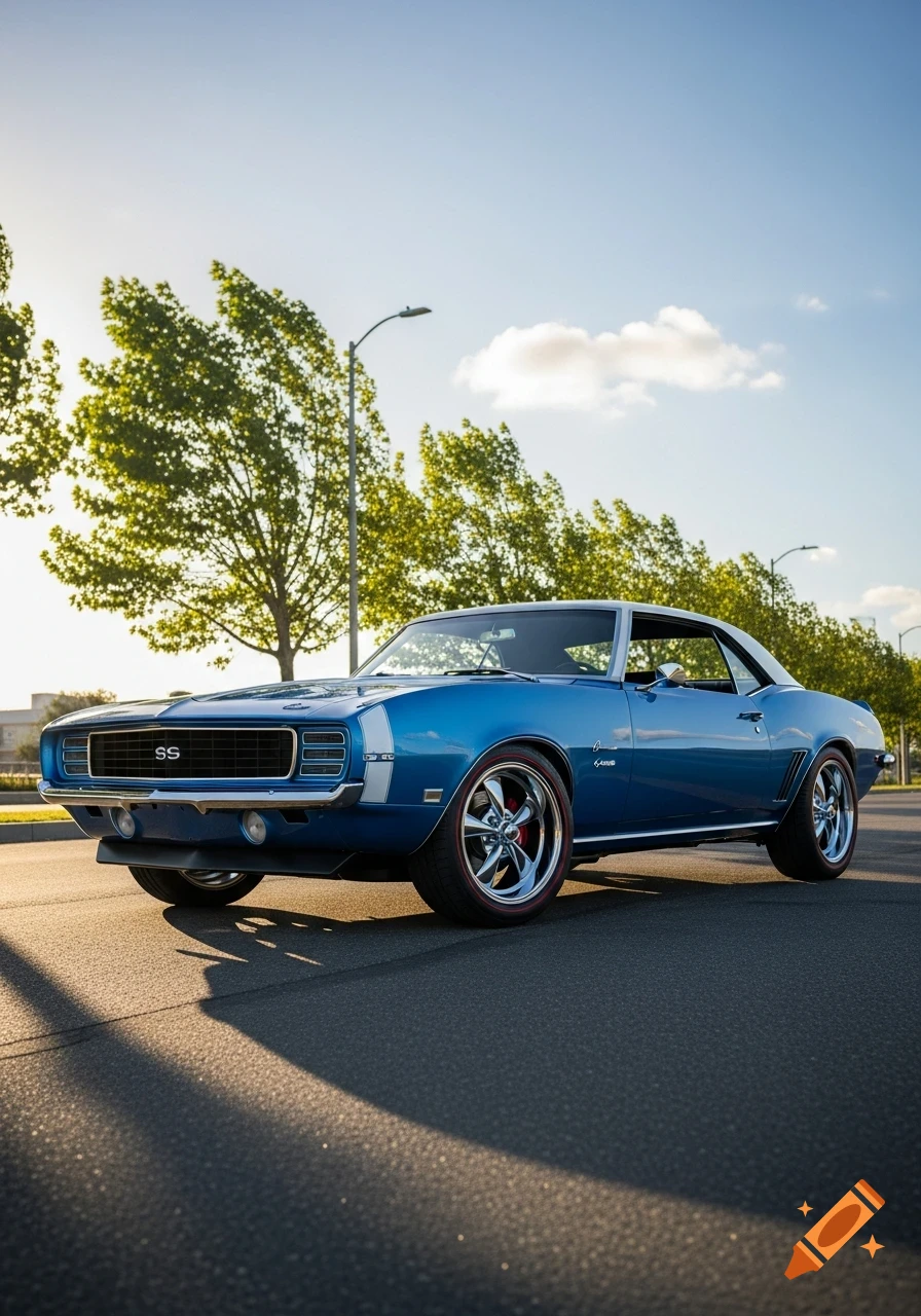 A blue 1968 Chevy Camaro with a white top and Cragar SS wheels parked on asphalt on a sunny day.