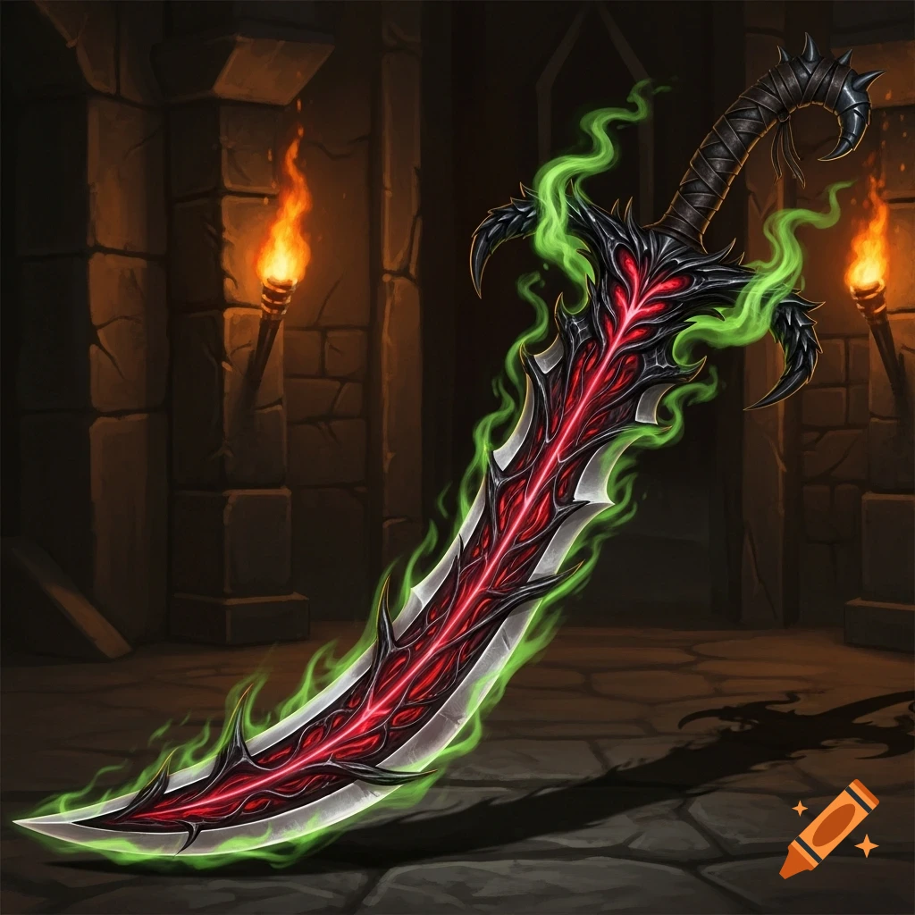 An evil-looking, bio-organic gladius sword with a red glowing blade, surrounded by green ethereal smoke, in a dark dungeon with torches.