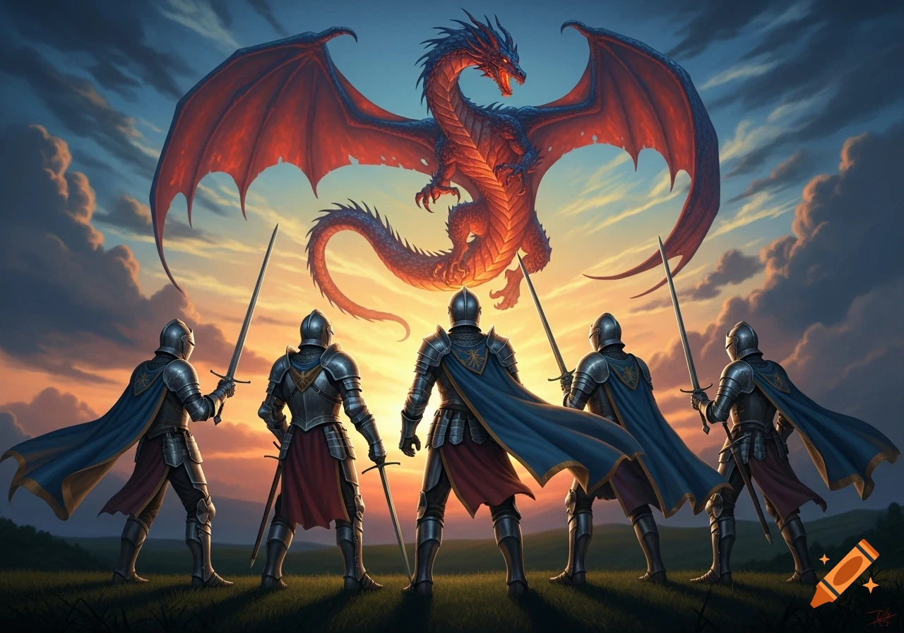 Five knights in armor and capes stand on a grassy field, facing a large red dragon flying in a vibrant sunset sky.