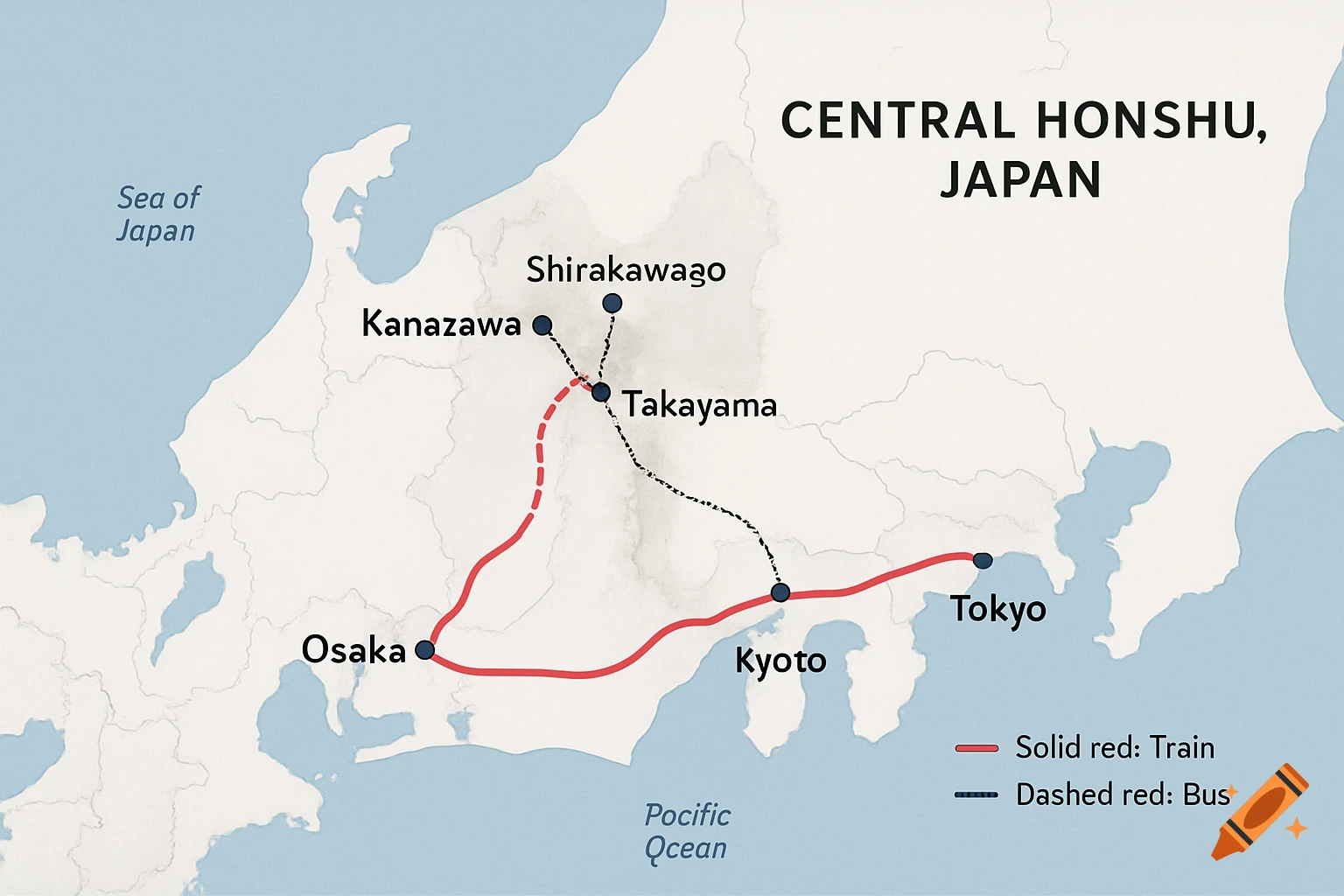 A map of Central Honshu, Japan, showing cities like Osaka, Kyoto, Tokyo, Kanazawa, Shirakawago, and Takayama, connected by red solid lines for train and black dashed lines for bus routes.