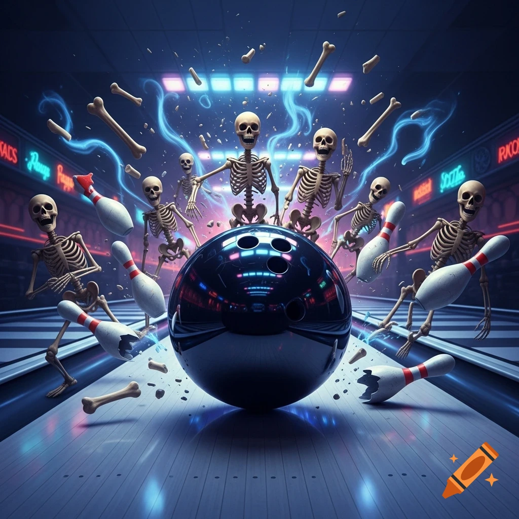 A giant bowling ball explodes through skeletal pins in a futuristic, neon-lit bowling alley, with bones flying and blue energy trails.