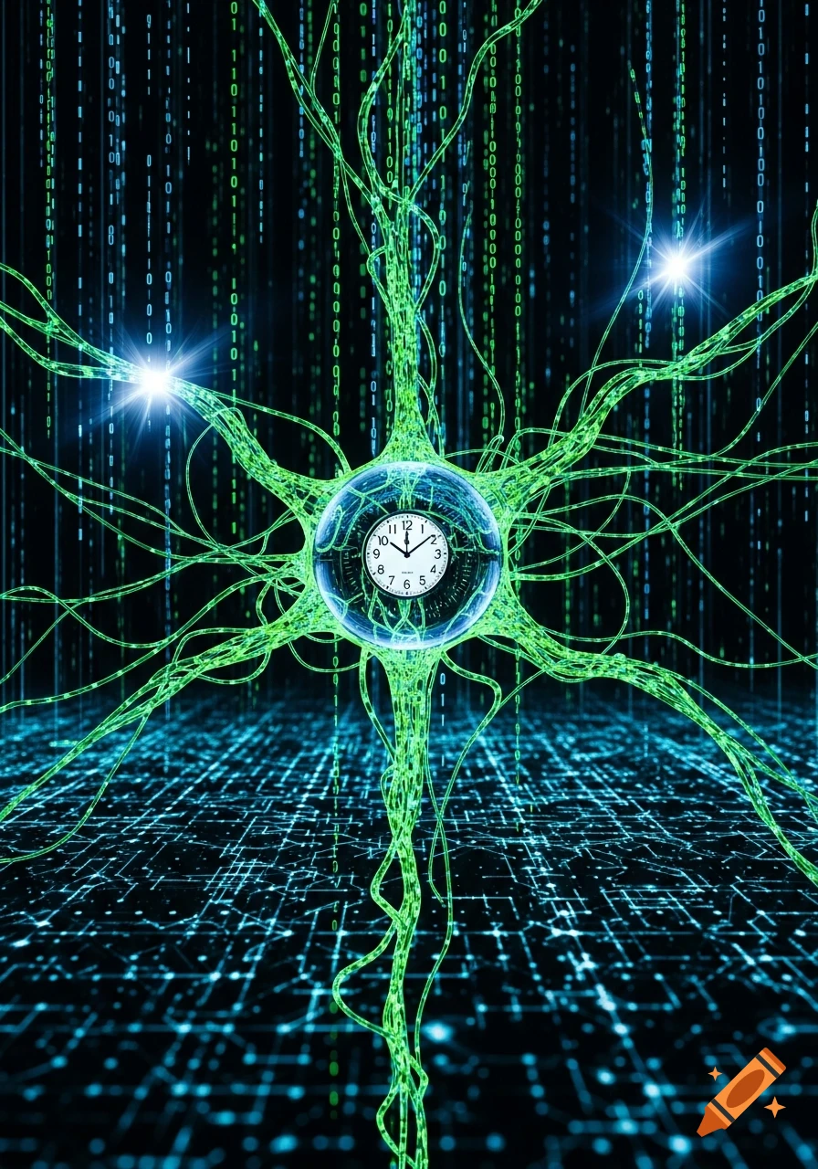 A stylized neuron with green tendrils and a clock face at its core, against a background of falling binary code. Digital art.