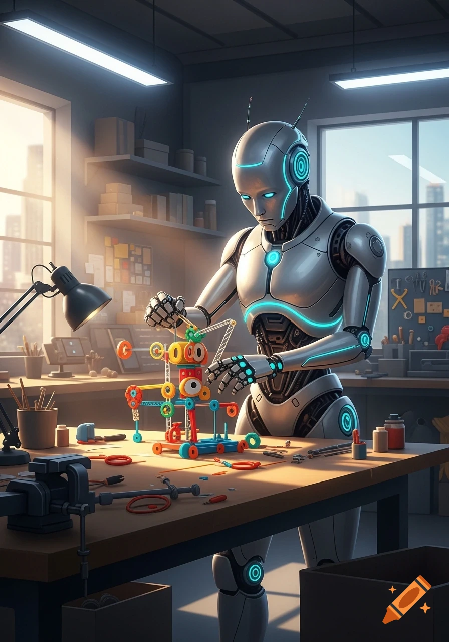 A photorealistic robot with glowing blue accents builds a colorful toy on a workbench in a bright workshop.