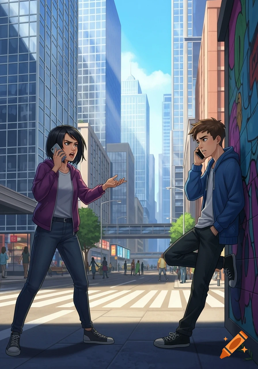 Cartoon of a young woman and man arguing on their phones on a busy city street.