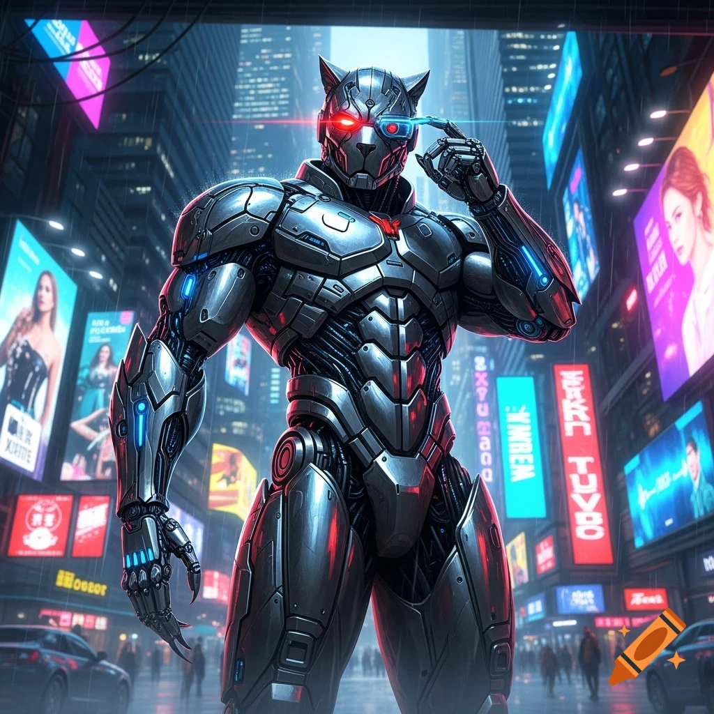 A chrome cyborg with glowing red eyes and blue accents stands in a rainy, neon-lit futuristic city with billboards.