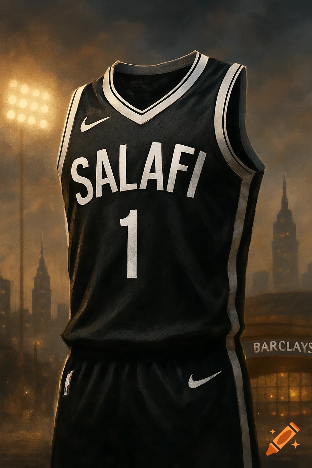 A black basketball jersey with 'SALAFI' and number '1' on it, against a background of a city skyline and stadium lights.
