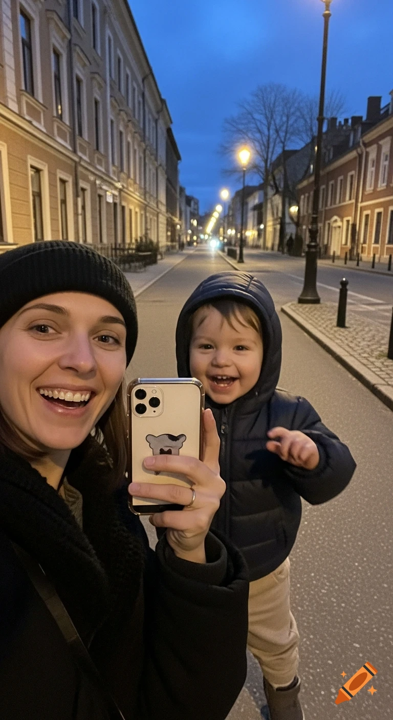 A smiling woman in a black beanie takes a selfie with a laughing toddler on a city street at dusk, illuminated by streetlights.
