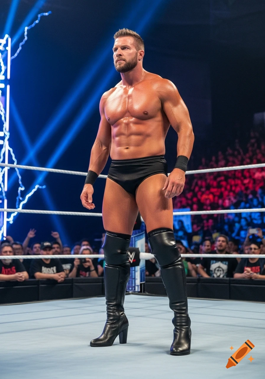 A muscular male wrestler in black trunks, kneepads, and high-heeled boots stands confidently in a brightly lit wrestling ring.