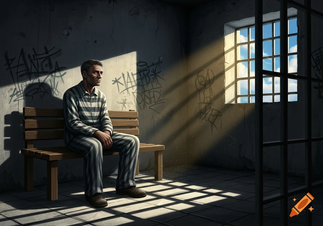 A somber man in a striped prisoner uniform sits on a wooden bench in a dimly lit cell, light streaming through a barred window.