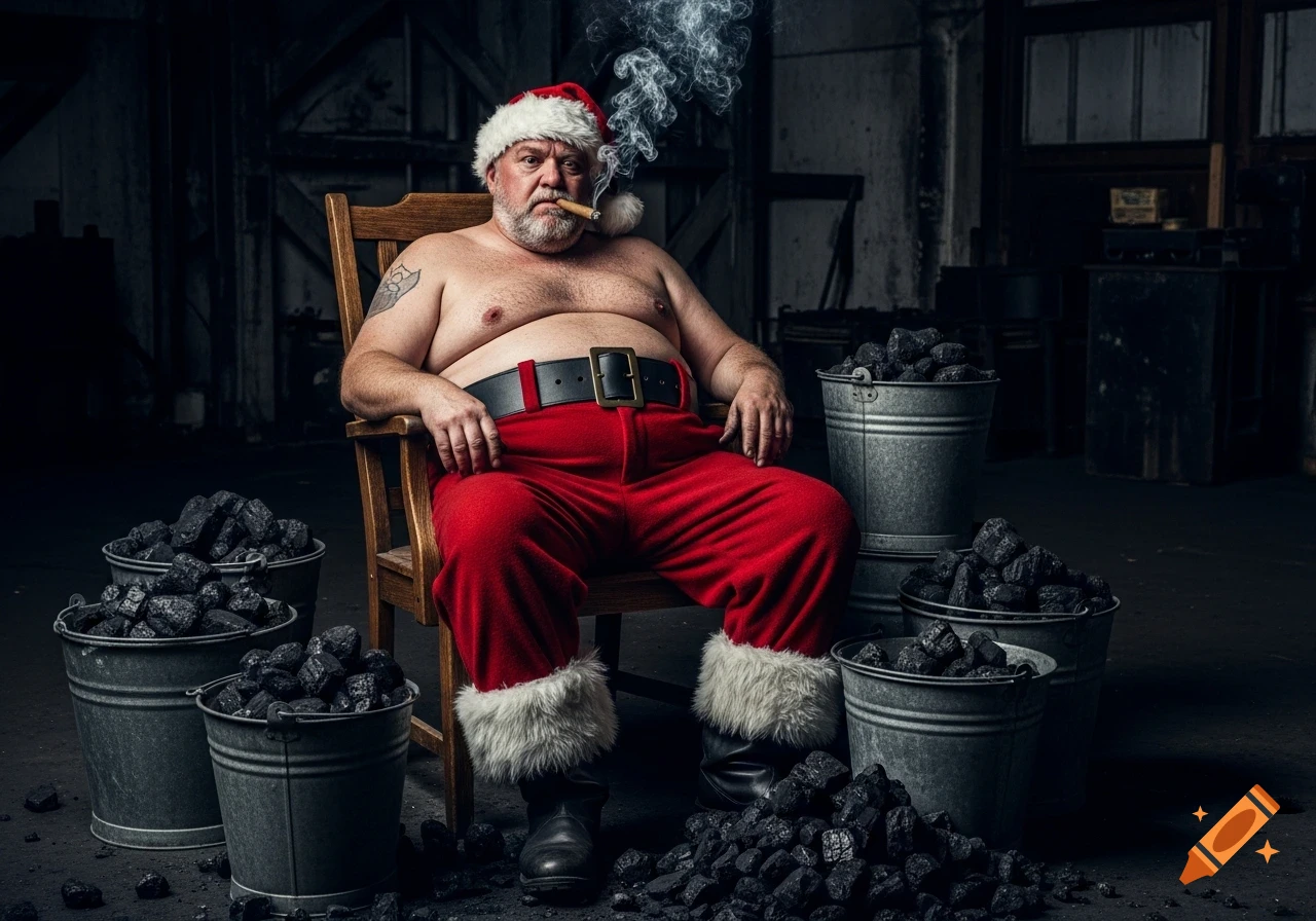 Shirtless, tattooed Santa Claus with a cigar sits among coal buckets in a dark, gritty room. Photorealistic style.