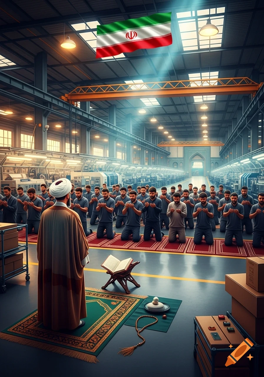 Factory workers led by an Imam pray on prayer mats inside a large factory, with an Iranian flag floating above.