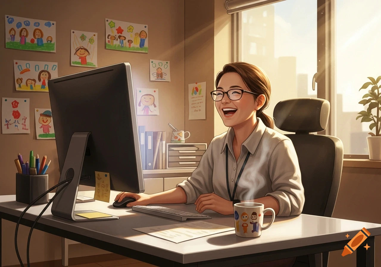 An enthusiastic daycare director wearing glasses sits at a desk with a computer, smiling brightly. Child drawings adorn the office wall.