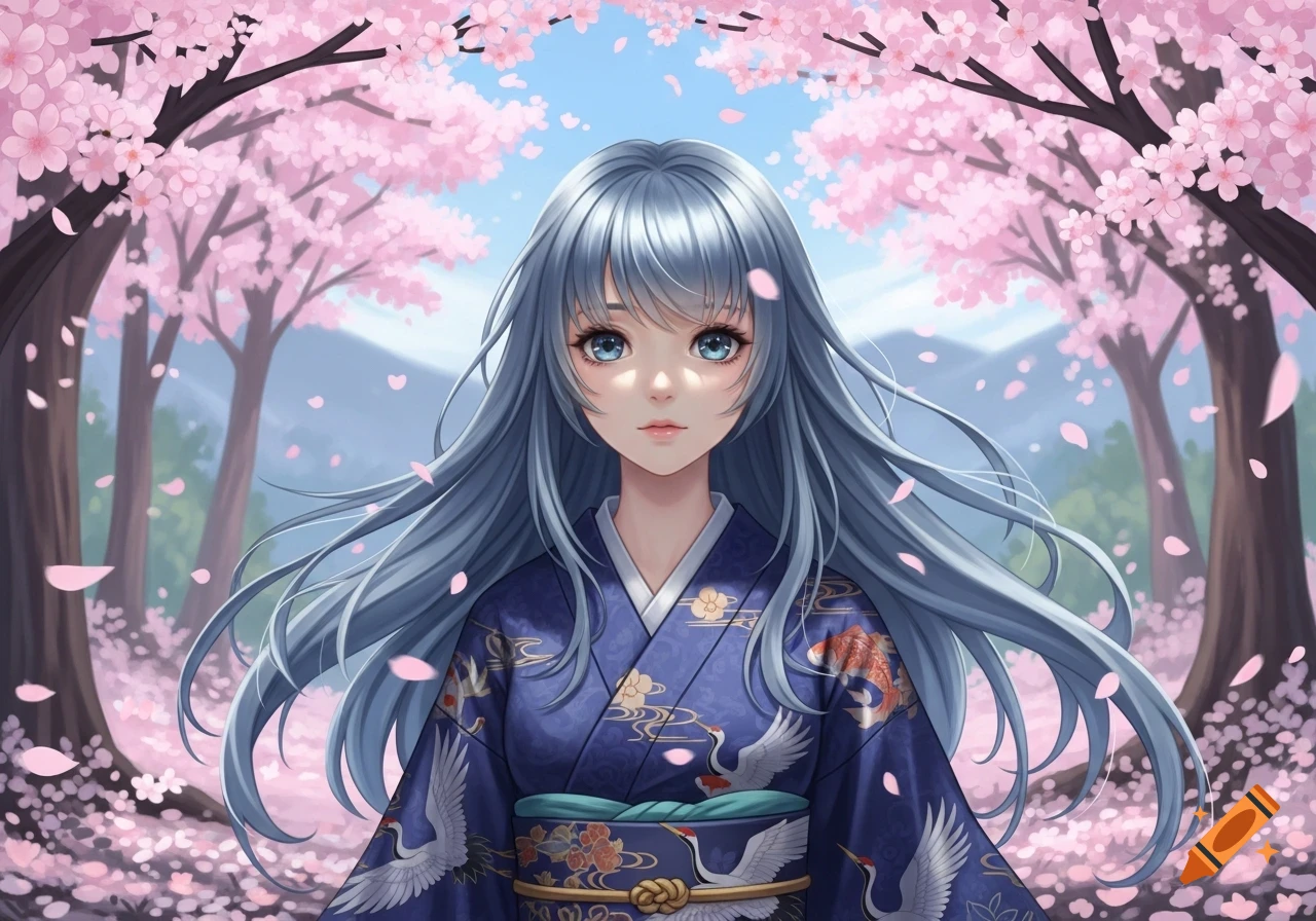 An anime girl with blue hair and blue eyes, wearing a dark blue kimono, stands among pink cherry blossom trees with petals falling.