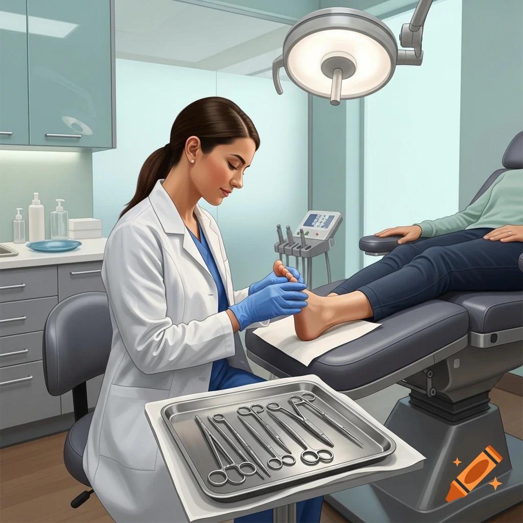 A female podiatrist in a white lab coat and blue gloves examines a patient's bare foot in a brightly lit clinic.