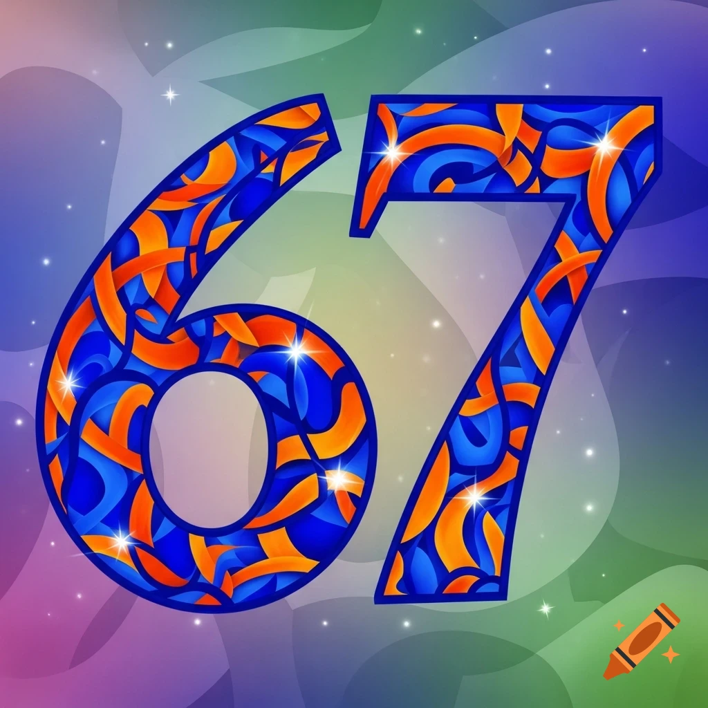The number 67, filled with intricate blue and orange swirling patterns, against a vibrant, sparkling gradient background.
