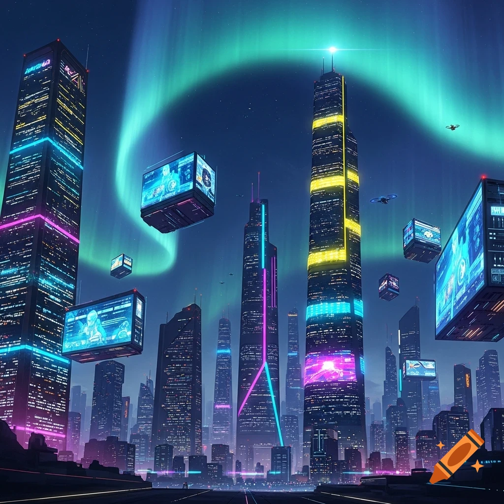 A vibrant cyberpunk cityscape at night with glowing skyscrapers, hovering holographic screens, and a neon green aurora borealis in the sky.