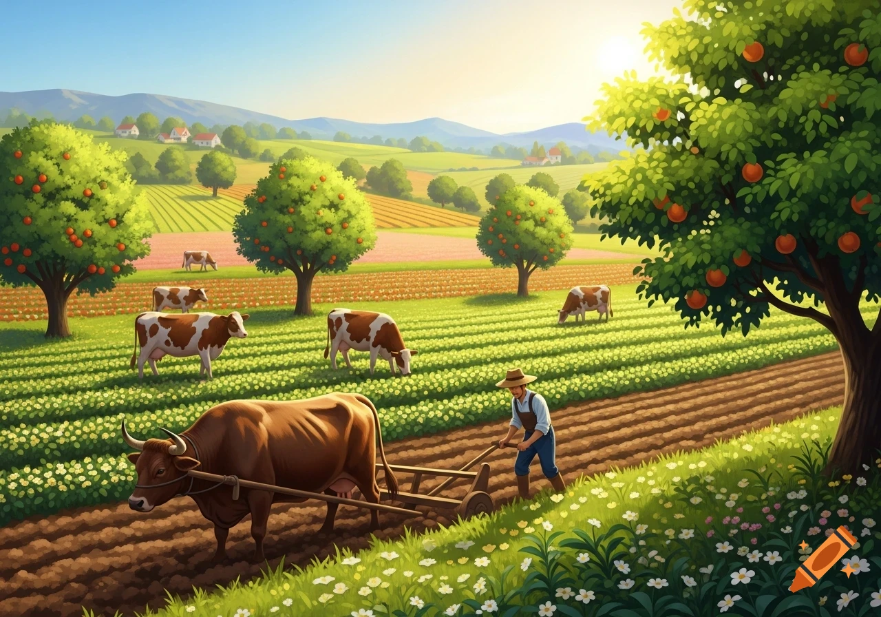 A farmer plows a field with an ox while cows graze in lush green fields with fruit trees under a bright blue sky.