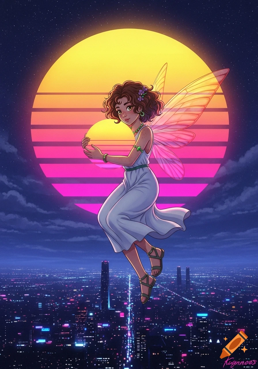 An anime-style fairy with wings floats over a neon futuristic city at night, holding a glowing retrowave sun.