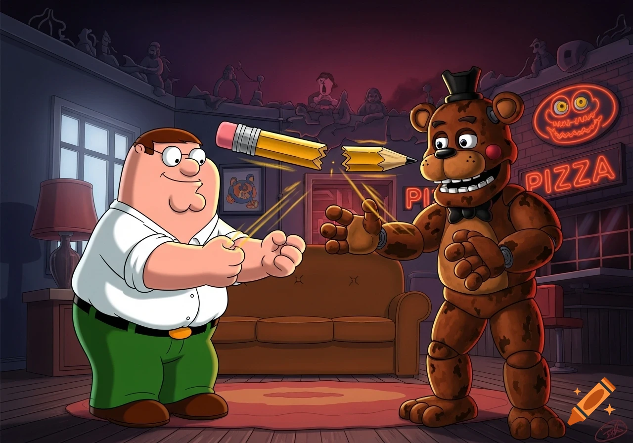 Peter Griffin and Freddy Fazbear breaking a pencil with magic in a cartoon-style room with a neon pizza sign.