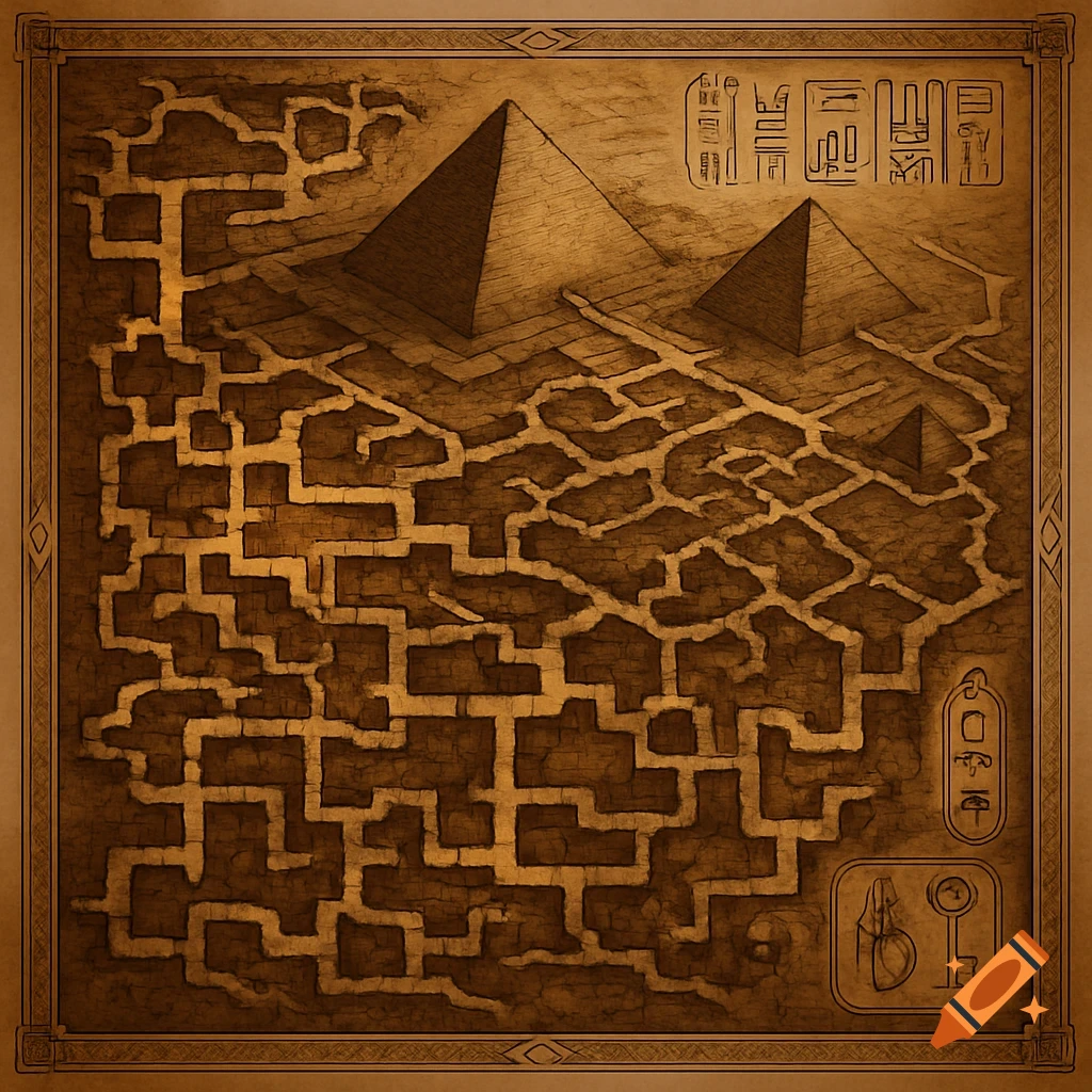A sepia-toned, ancient-style map depicting three Egyptian pyramids on the surface above an intricate labyrinth of underground tunnels, framed by decorative borders with hieroglyph-like symbols.