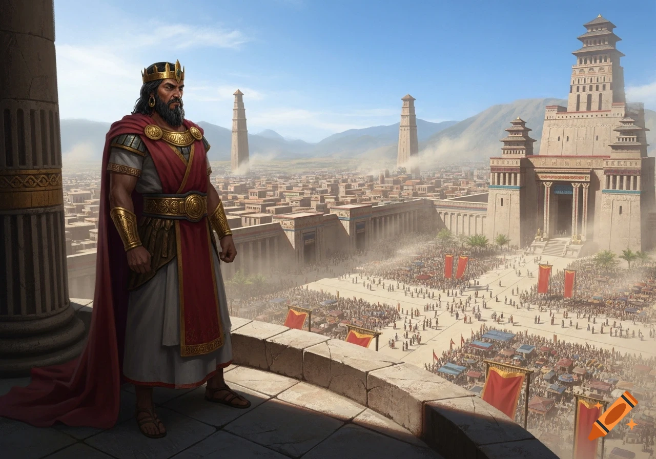 A regal ancient king in a crown and red cloak stands on a balcony, overlooking a sprawling, bustling city with towers and a large temple under a clear sky.