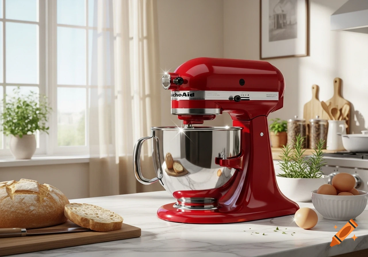 A red KitchenAid stand mixer with a metal bowl on a marble countertop in a bright kitchen, next to bread and eggs. Photorealistic.