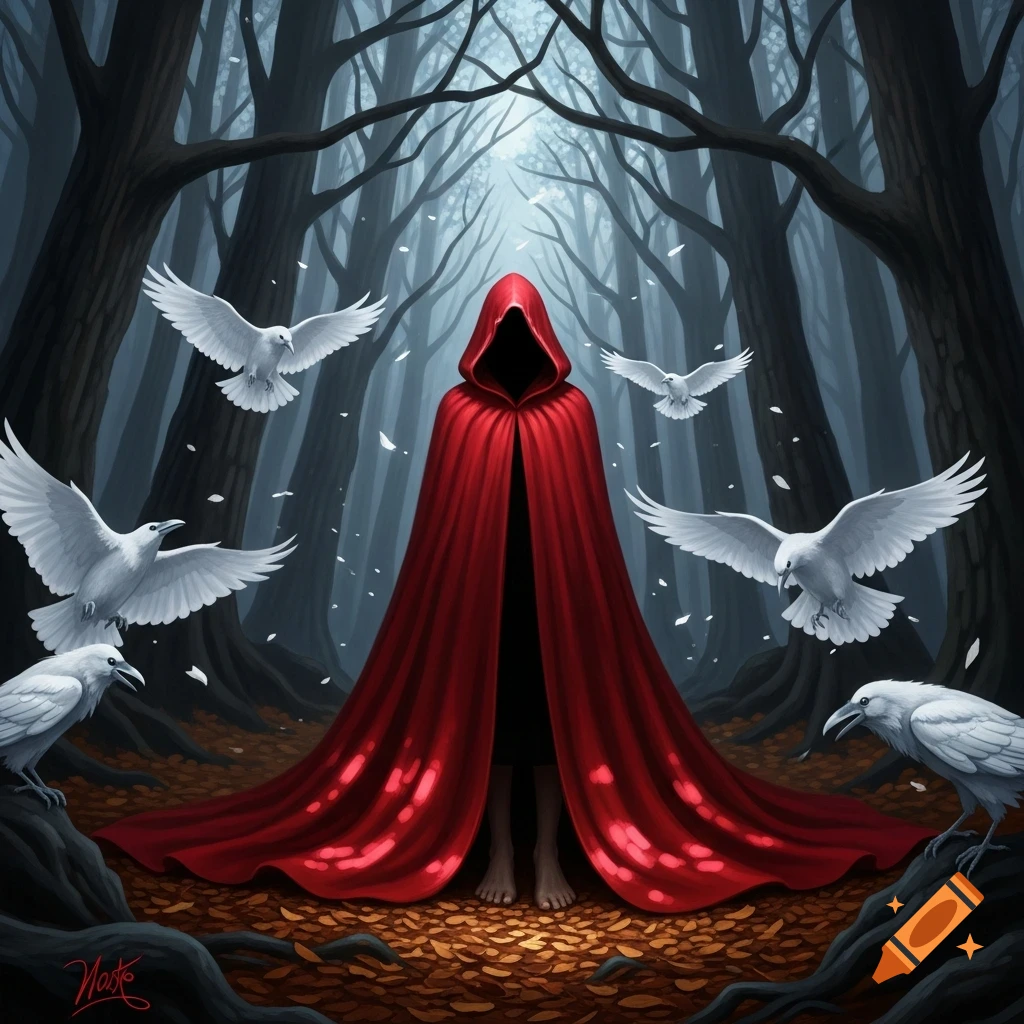 A hooded figure in a long red cape with bare feet stands amidst a dark forest, surrounded by white ravens.