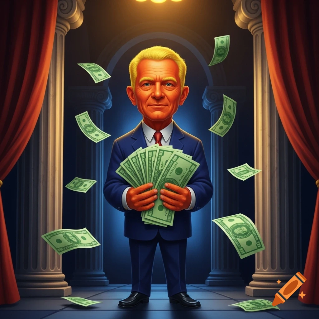 A cartoon man with orange skin and yellow hair, wearing a suit, stands holding a fan of cash. Money floats around him within a grand hall with red curtains and columns.